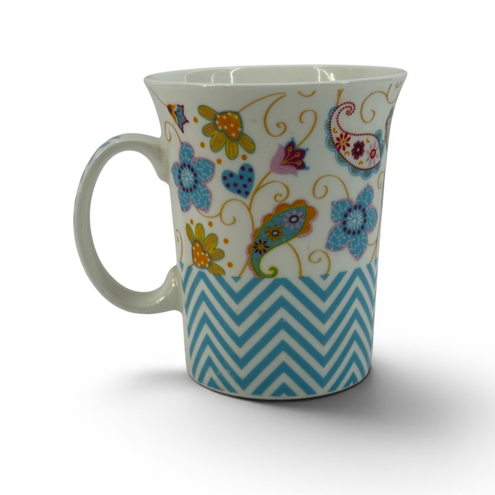 Burton + Burton Floral Paisley Chevron Ceramic Coffee Mug Blue White 2014